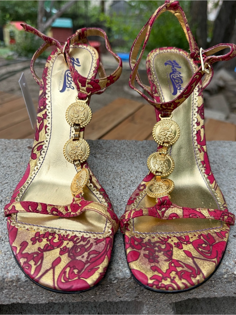 Hale Bob Magenta and Gold T-Strap Medallion Sandals